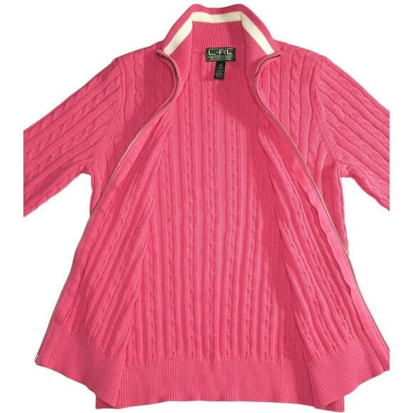Lauren Ralph Lauren Active Prep Womens Cotton Pink Cable Knit Sweater Full Zip - Picture 7 of 10